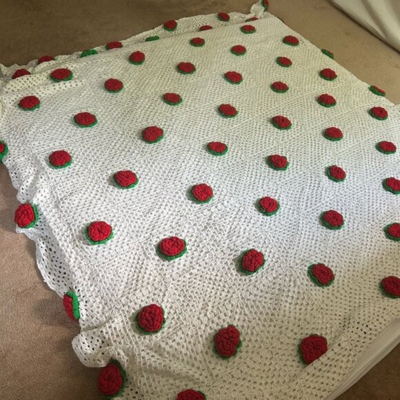 Vintage Boho Crochet Blanket with Red and Green Floral Rose Accents 104 inchX93 - Picture 7 of 16